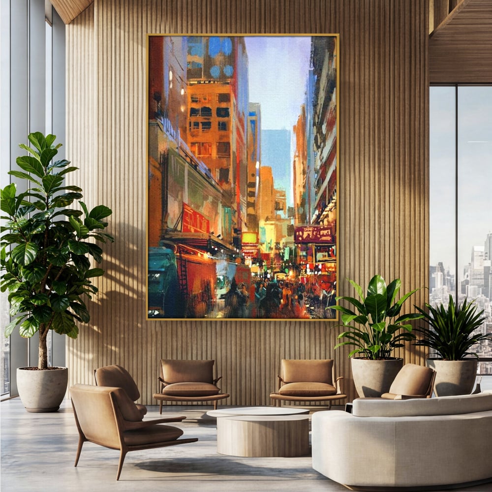 Tablou canvas cu pictura urbana cu strada din new york, in rama de aluminiu auriu, pe perete intr-un birou